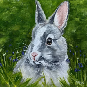 Painting of a young grey bunny sitting amidst bluebells