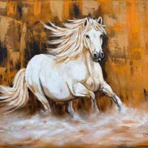 Painting of white horse of hope emerging through the darkness into the light
