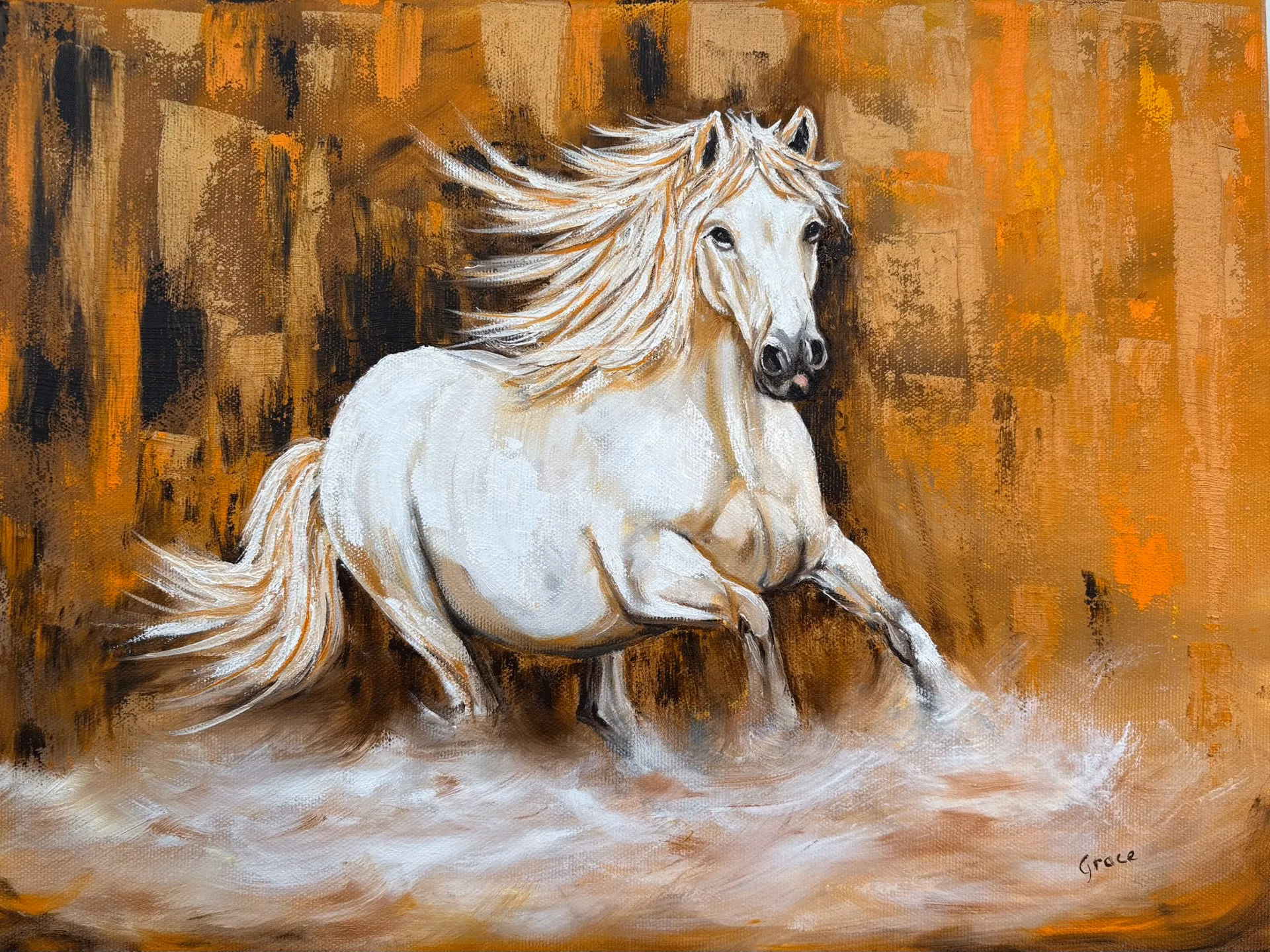 Painting of white horse of hope emerging through the darkness into the light