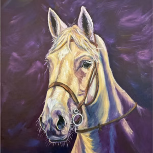 Horse oil painting. Palomino horse with purple highlights