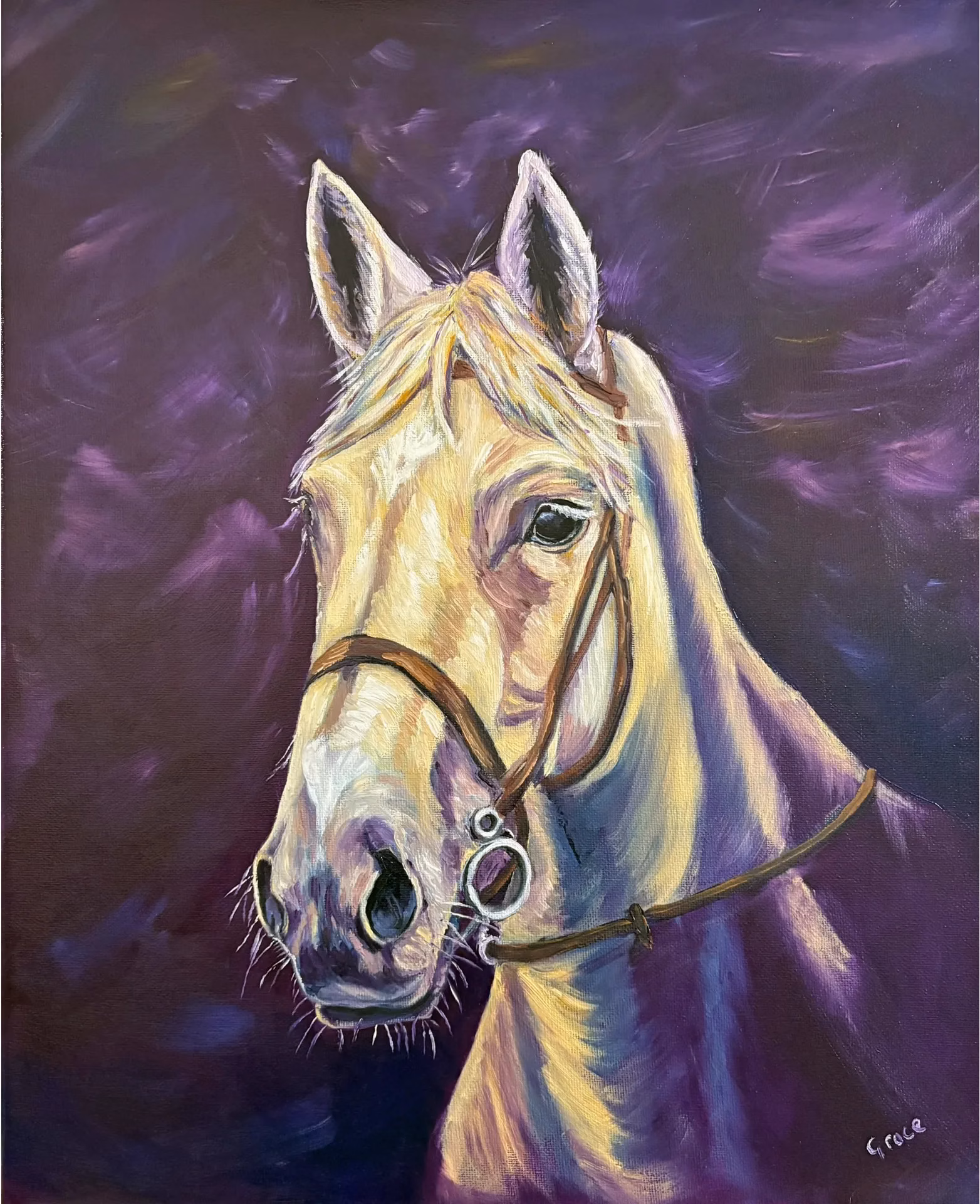 Horse oil painting. Palomino horse with purple highlights