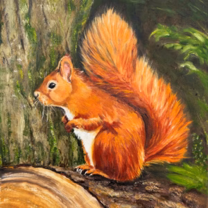 Vibrant oil painting of a red squirrel sitting on a log
