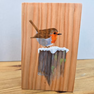 Snowy Log with Robin Painting on Larch Wood
