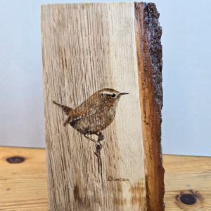 an acrylic painting of a single wren painted on an oak log